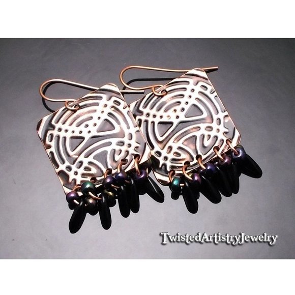 Black and Copper Celtic Square Chandelier Earrings - Picture 1 of 6